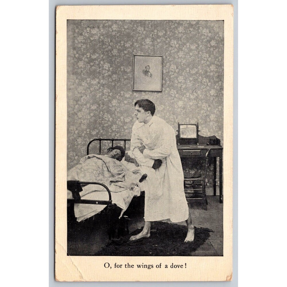 Vintage 1911 Postcard "O, for the wings of a dove!" Humorous Man in Bed Scene